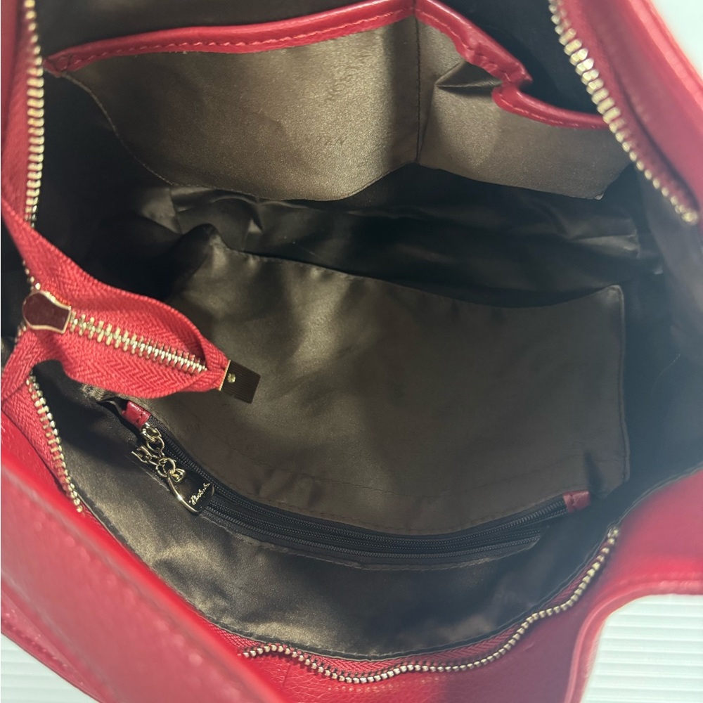 Bostanten Red  Leather 7 Pocket Shoulder Bag   12 x 12" x 4" like new - Picture 12 of 12